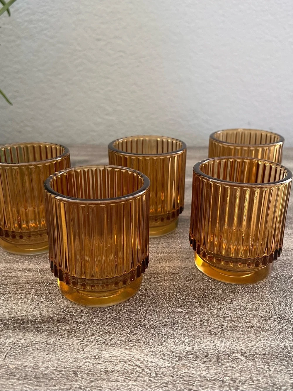 5 Kate Aspen Ribbed Amber Glass Tealight & Votive Candle Holders
